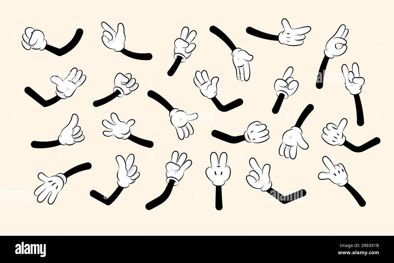 Retro cartoon hands. Cute comic character arms and fingers, glove with pointers and thumbs up gestures. Vector isolated set Stock Vector