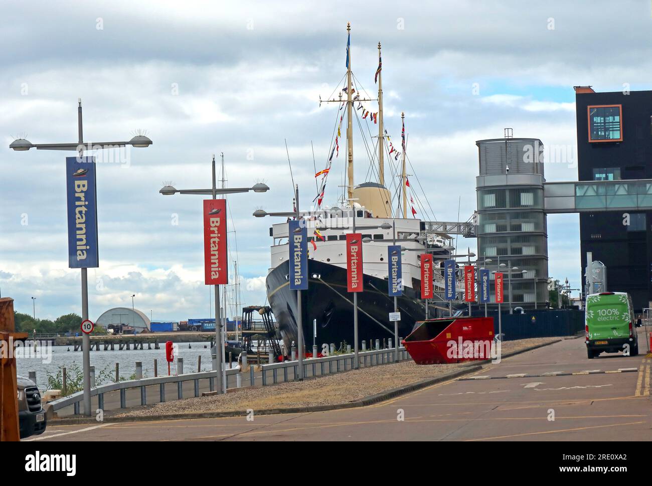 Royal Yacht Britannia, tourist attraction, berthed at Ocean Terminal, Leith docks, Edinburgh, Lothian, Scotland, UK, EH6 6JJ Stock Photo