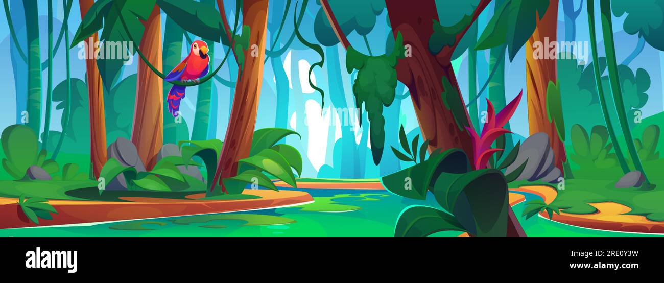 Tropical forest landscape with river and parrot sitting on branch. Vector cartoon illustration of jungle wood with exotic green plants and flowers, liana vines on old trees. Adventure game background Stock Vector