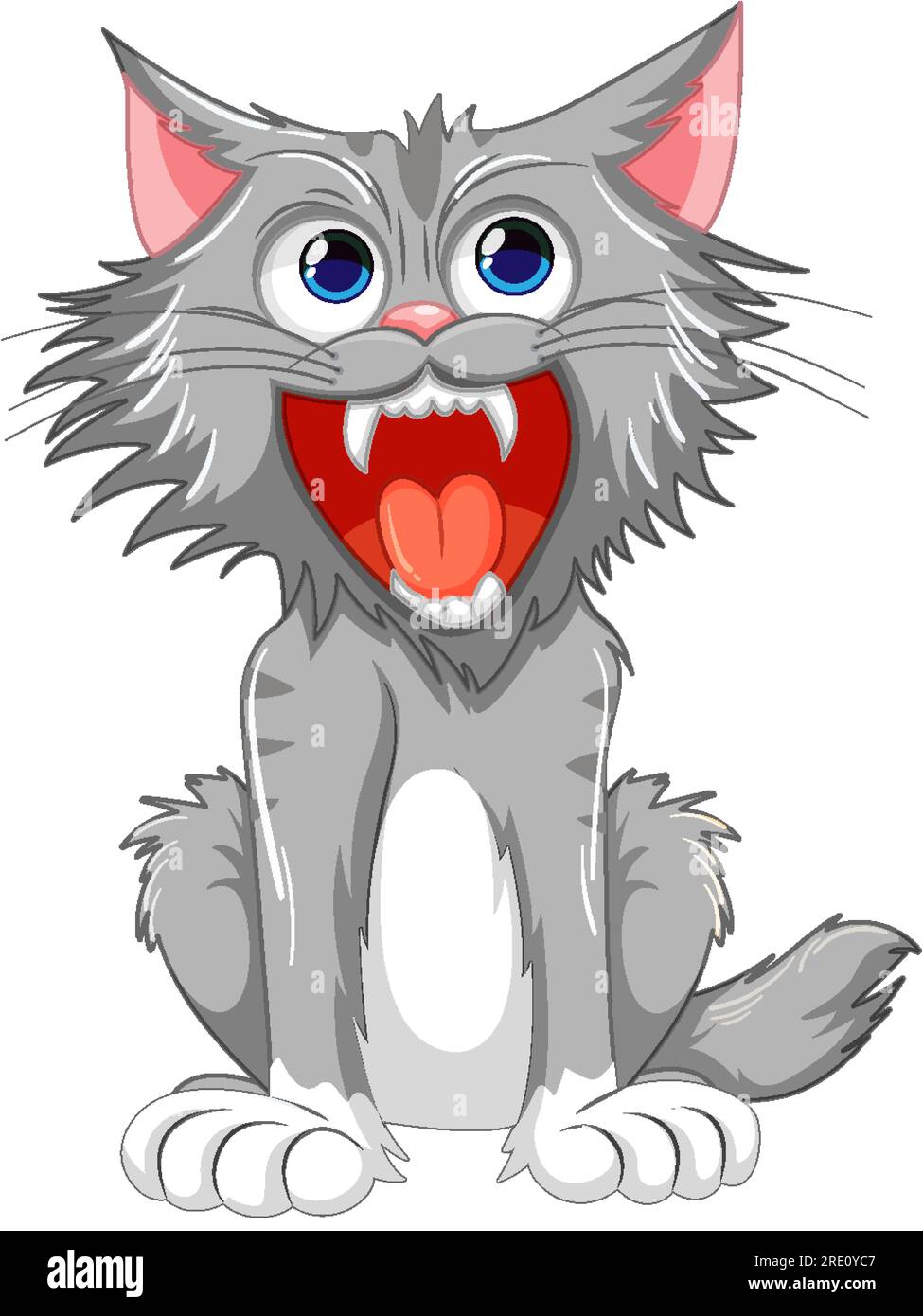Cartoon illustration of a cat with open mouth and sharp teeth, isolated