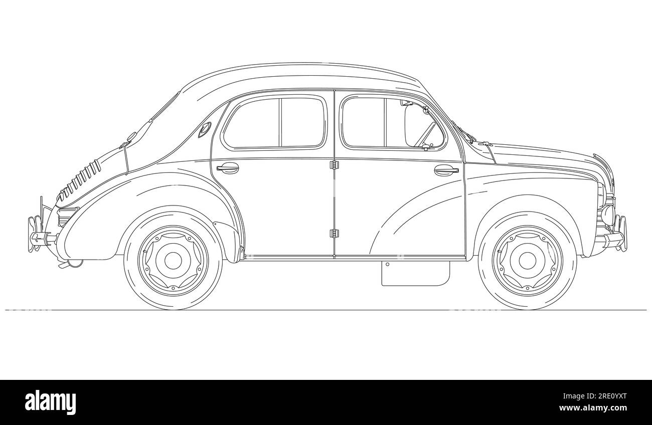 France, year 1947, Renault 4CV vintage car silhouette, outlined, vector illustration Stock Photo