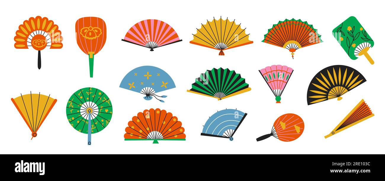 Flat asian fans. Folded oriental bamboo paper fans, open chinese