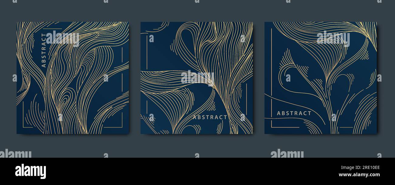 Vector set of abstract luxury golden square cards, wave post templates ...