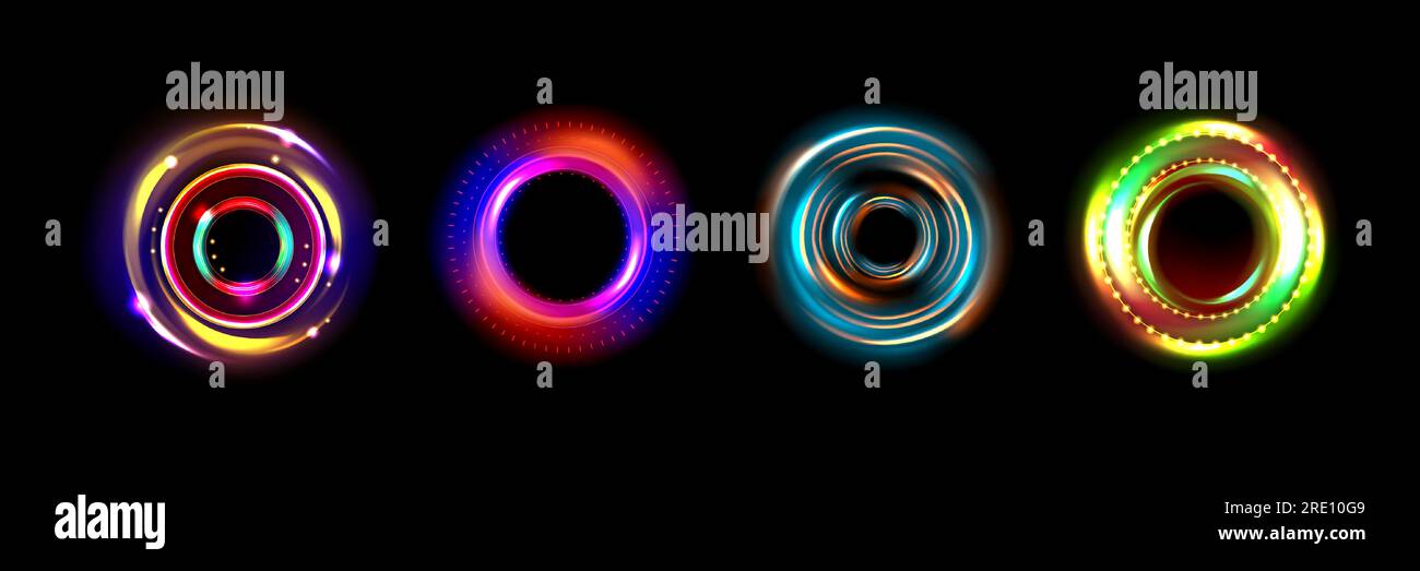 Circle halo light effects, neon rings of lens flare. Abstract radial optical glow, bright round traces of highlights isolated on black background, vector realistic illustration Stock Vector