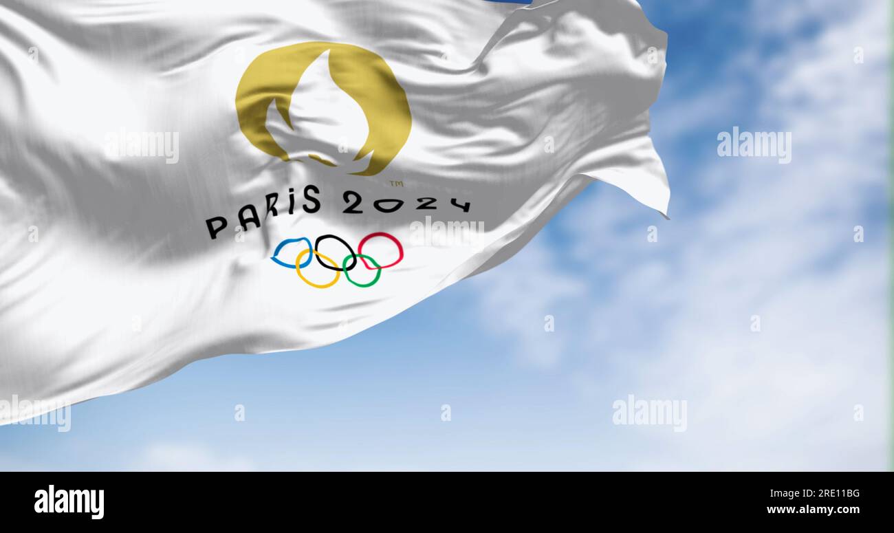 Paris, FR, May 23 2023: the flag of Paris 2024 Olympics Games waving in the wind. Upcoming international sporting event. Illustrative editorial 3d ill Stock Photo