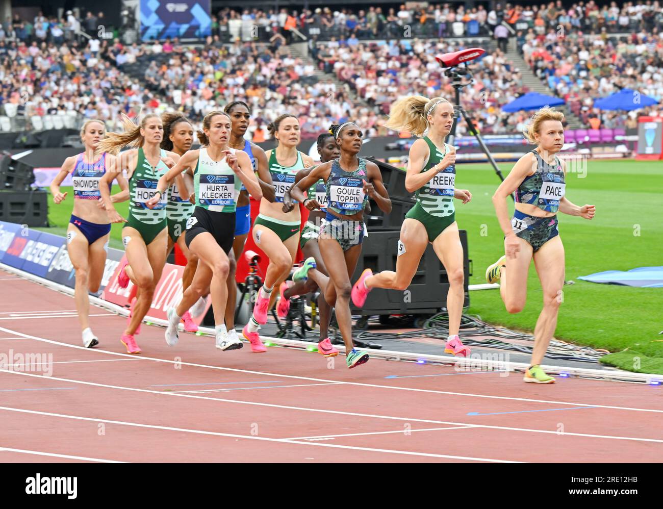 London, UK. 23rd July, 2023. London Stadium, Queen Elizabeth Park, London, UK on July 23 2023. 800m Women, 1st REEKIE Jemma GBR, 2nd GOULE-TOPPIN Natoya JAM, 3rd NAKAAYI Halimah UGA, 4th BISSET Catriona AUS, 5th SNOWDEN Katie GBR, 6th LAMOTE Rénelle FRA, 7th ROGERS Raevyn USA, 8th HURTA-KLECKER Sage USA, HORVAT Anita SLO DNF LEMIESZ Aneta (PM) POL DNF WELTEJI Diribe ETH DNF during the Wanda Diamond League London Athletics Meet at the London Stadium, Queen Elizabeth Park, London, UK on July 23 2023. Photo Credit: Francis Knight/Alamy Live News Stock Photo