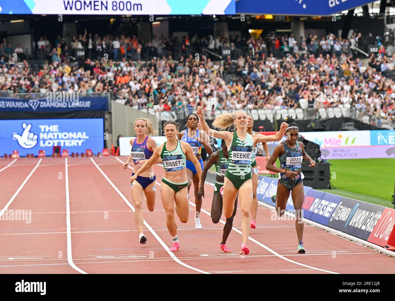 London, UK. 23rd July, 2023. London Stadium, Queen Elizabeth Park, London, UK on July 23 2023. REEKIE Jemma celebrates - 800m Women, 1st REEKIE Jemma GBR, 2nd GOULE-TOPPIN Natoya JAM, 3rd NAKAAYI Halimah UGA, 4th BISSET Catriona AUS, 5th SNOWDEN Katie GBR, 6th LAMOTE Rénelle FRA, 7th ROGERS Raevyn USA, 8th HURTA-KLECKER Sage USA, HORVAT Anita SLO DNF LEMIESZ Aneta (PM) POL DNF WELTEJI Diribe ETH DNF during the Wanda Diamond League London Athletics Meet at the London Stadium, Queen Elizabeth Park, London, UK on July 23 2023. Photo Credit: Francis Knight/Alamy Live News Stock Photo