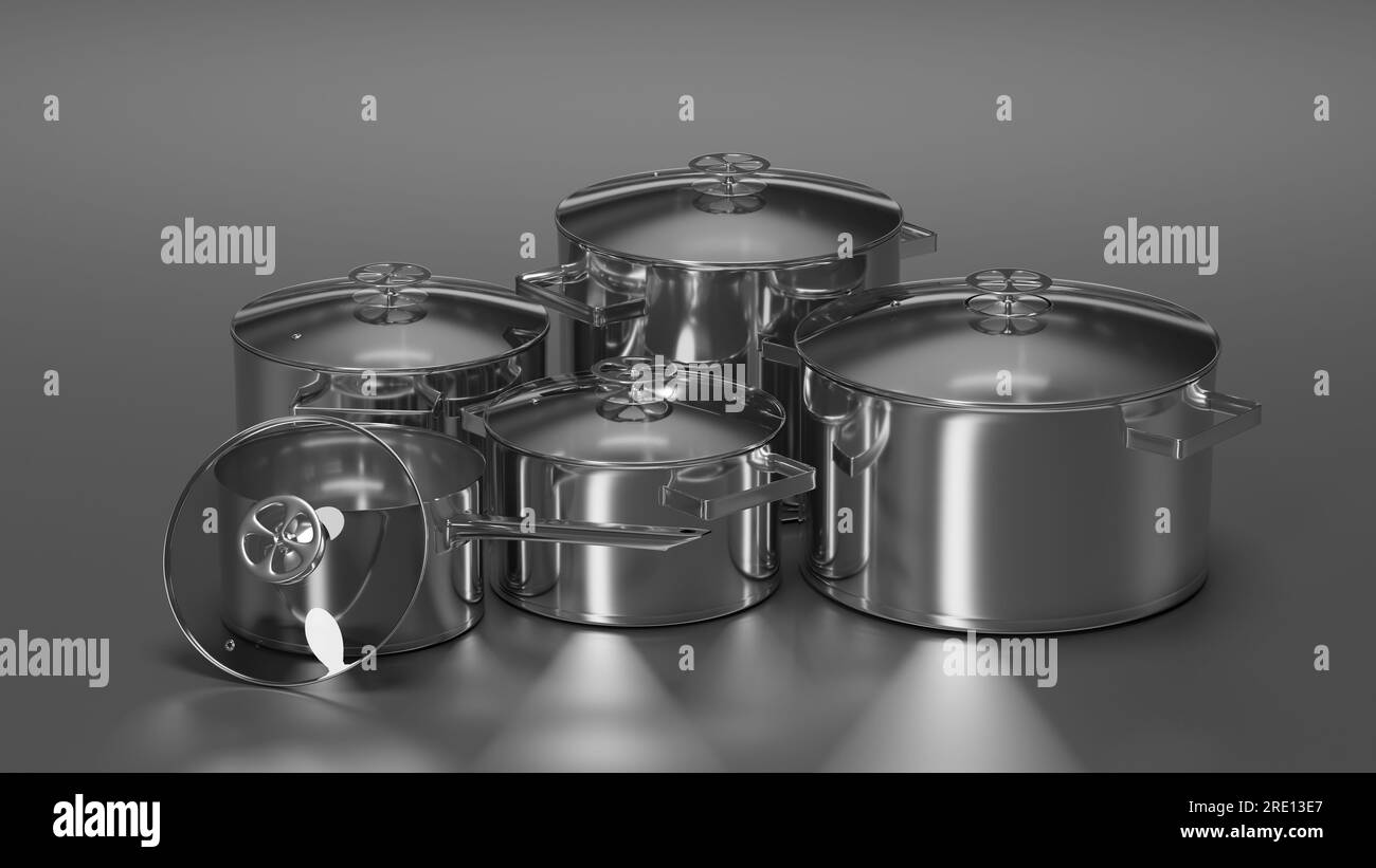 Set of steel cooking pots and pan on a white background. 3d illustration Stock Photo Alamy