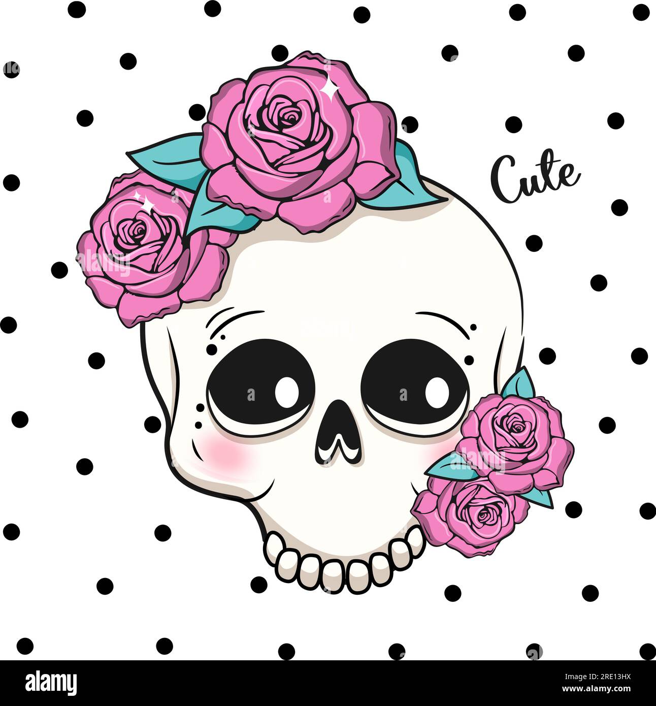 Cute cartoon skull with roses. Halloween party. Stock Vector