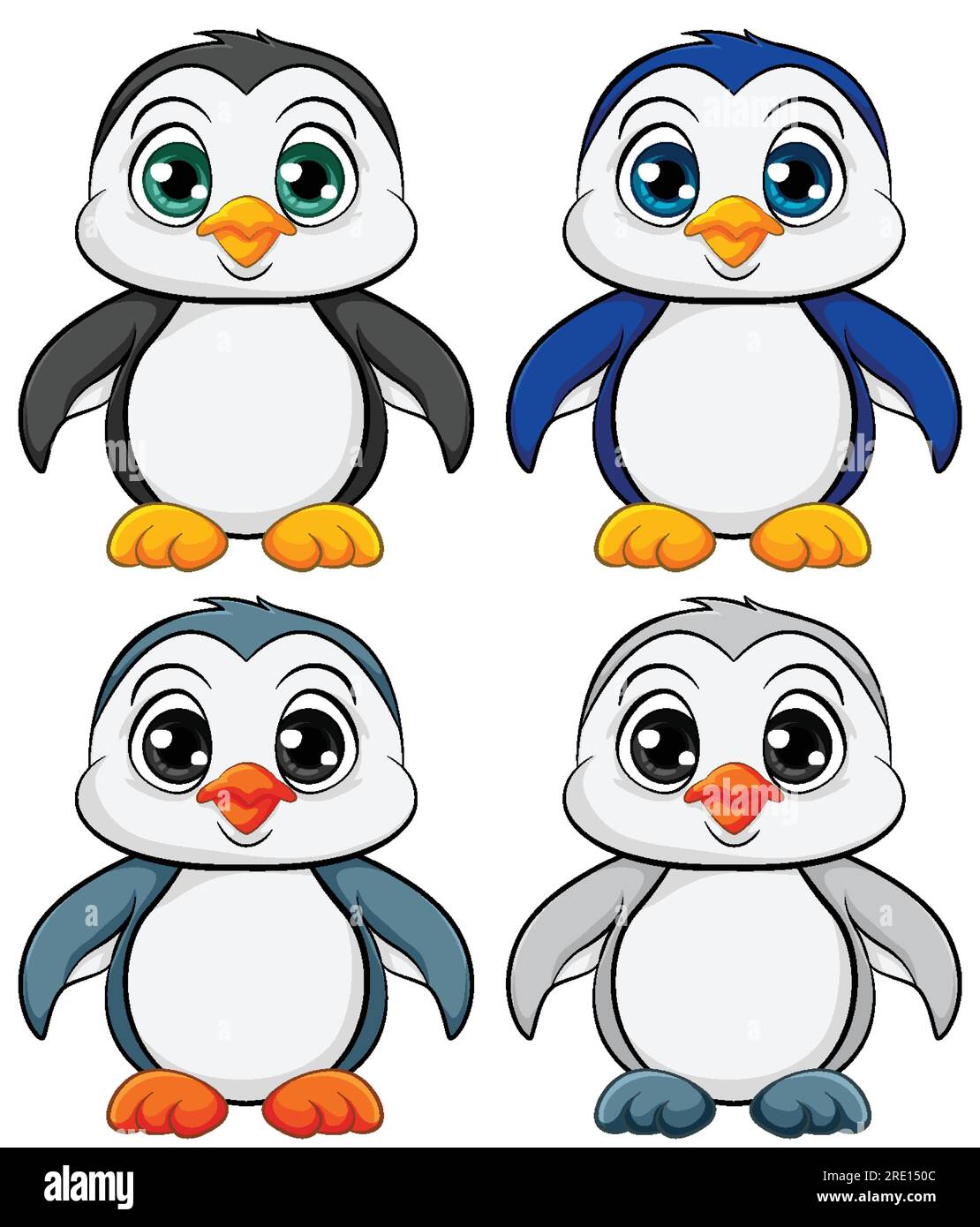 A vector cartoon illustration of four cute baby penguins isolated on a
