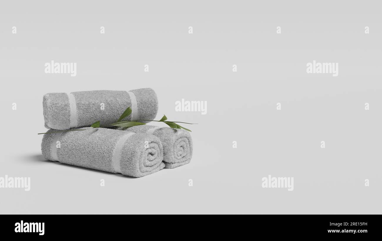 White three towels roll on white background, White spa towels pile
