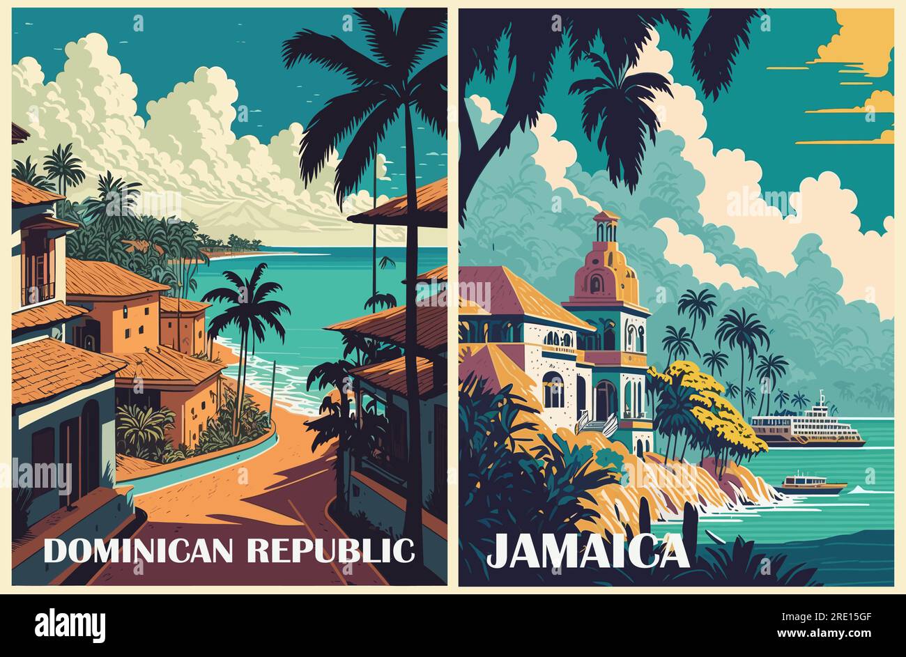 Exotic Travel Destination Poster set retro style. Stock Vector