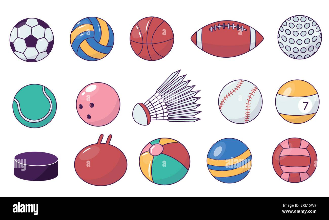 Game ball colletion. Cartoon billiard football and ping-pong balls, leisure sports equipment, flat colorful collection of spheres. Vector isolated set Stock Vector