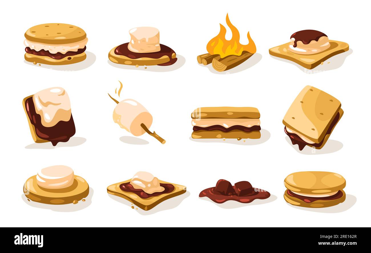 Smore set. Cartoon crispy roasted marshmallow sweet snack, yummy dessert with chocolate cookie mascots, summer campfire snack. Vector isolated Stock Vector