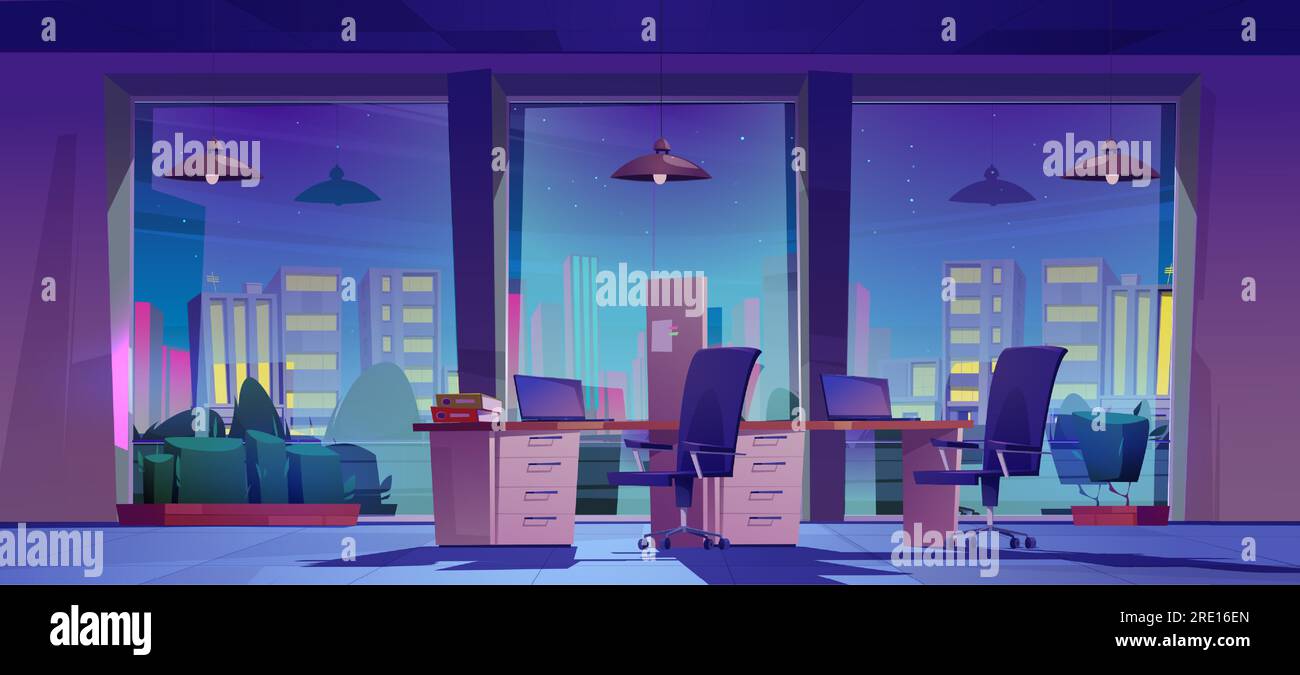 Company office interior at night. Vector cartoon illustration of dark