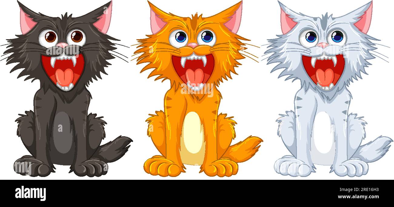 Three cartoon cats with open mouths and sharp teeth, isolated on a