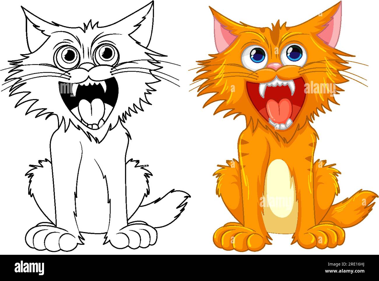 A vector cartoon illustration of a cat with its mouth open and sharp