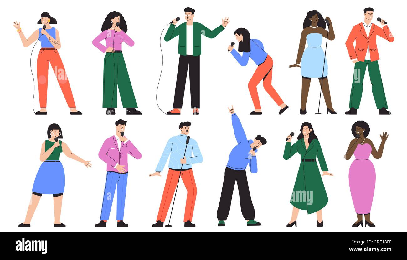 Singer characters. Cartoon singers with microphone in different poses