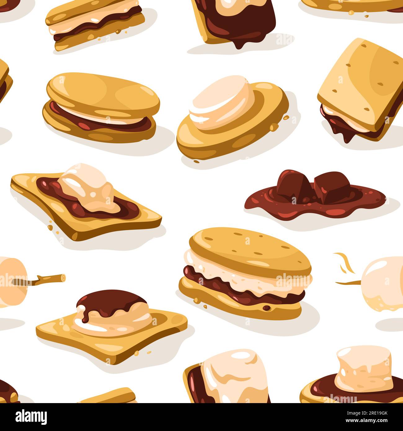 Smore pattern. Seamless print of nostalgic american campfire smores dessert, cracker chocolate graham marshmallow. Vector picnic food texture Stock Vector