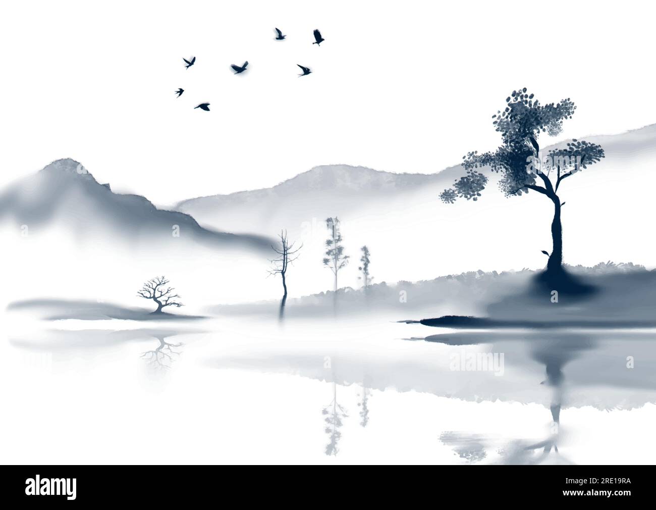 Hand painted japanese themed landscape design Stock Vector