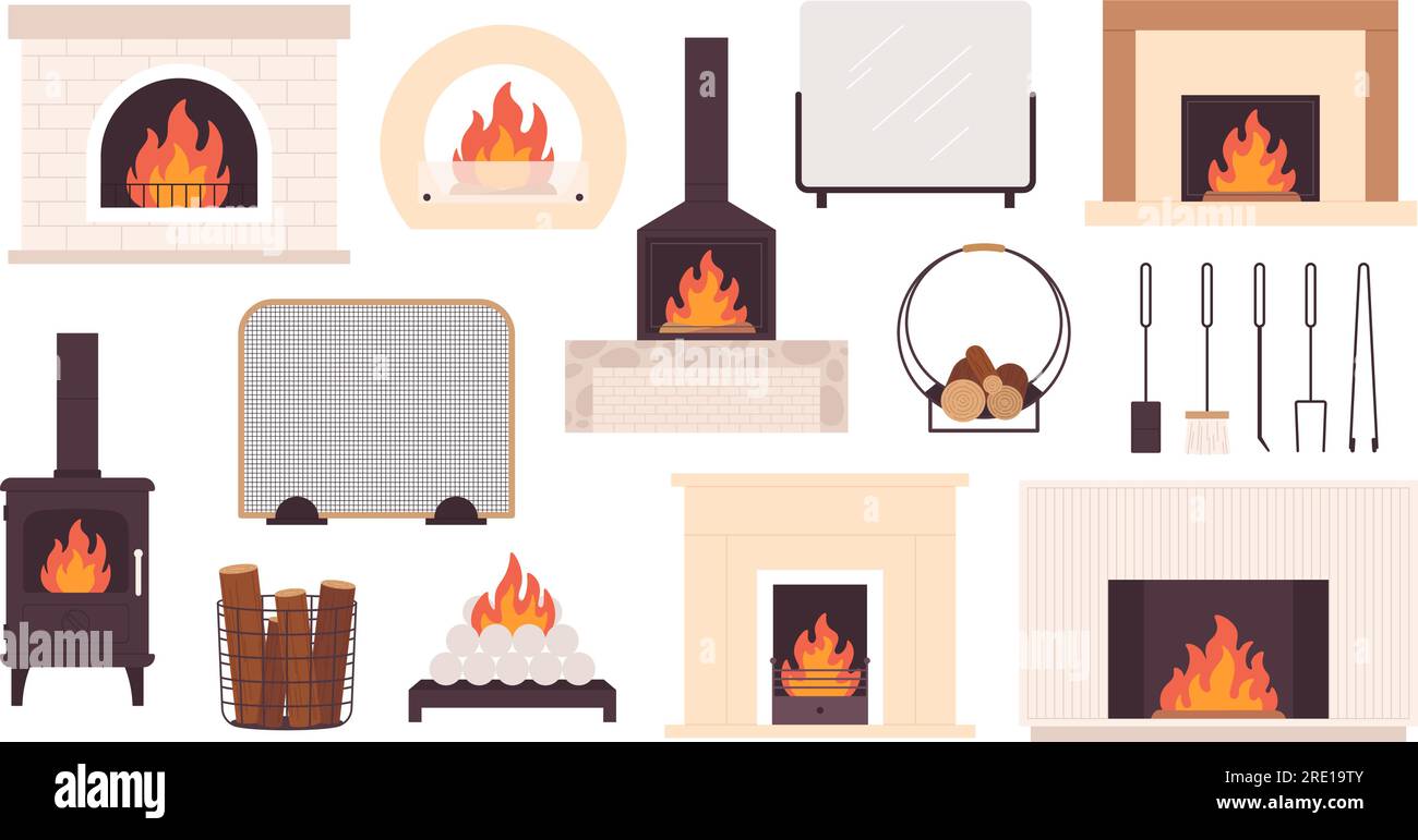 Fireplace with fire, relaxing traditional fireplaces and tools. Cartoon iron stoves, decorative interior modern fire place and woods. Racy vector Stock Vector