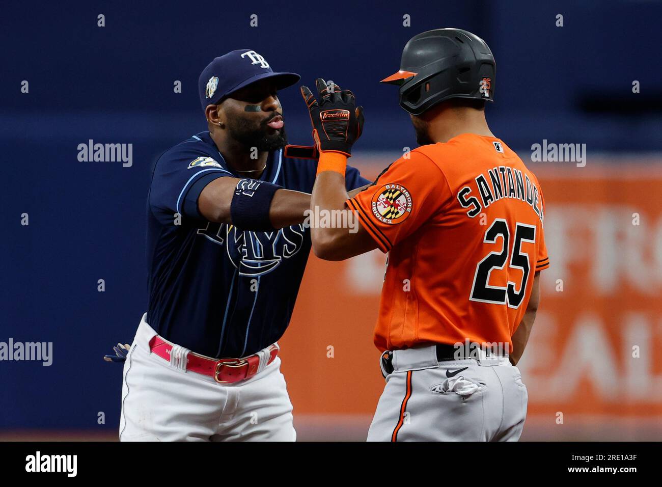 Tampa Bay Rays' Wander Franco jokes with Baltimore Orioles' Anthony