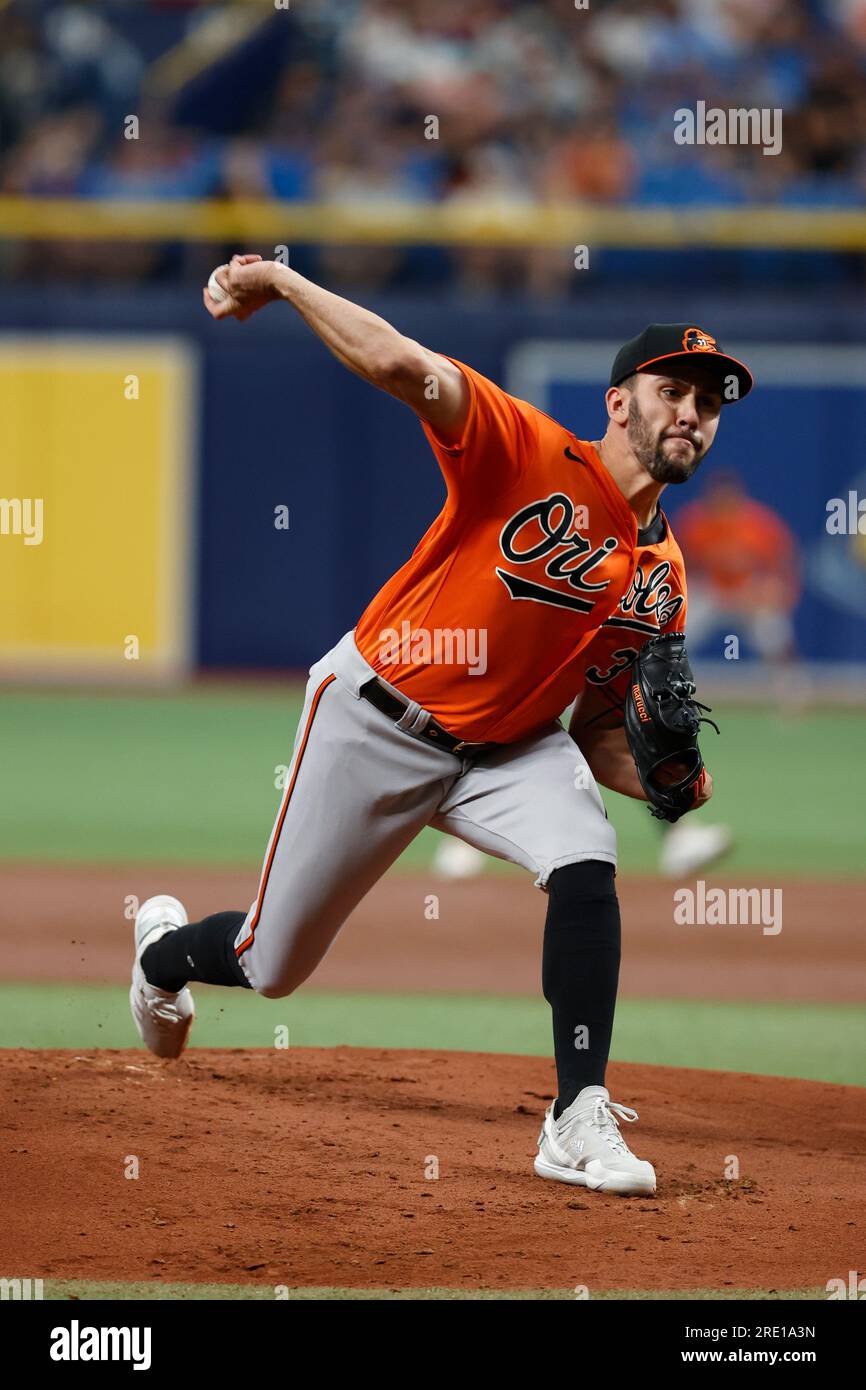 Baltimore Orioles starting pitcher Grayson Rodriguez throws to a Tampa