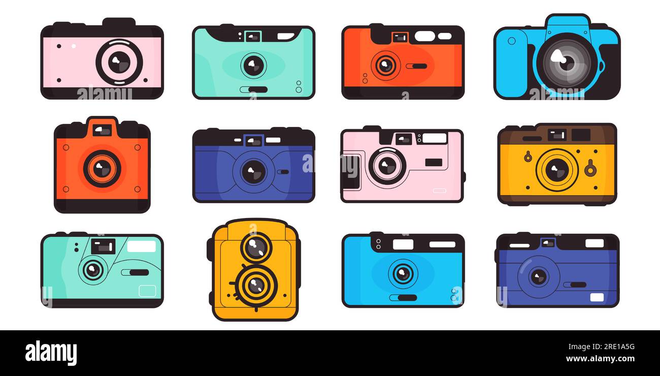Vintage photography camera. Old analog mechanical equipment for taking photographs, retro studio camera with lens. Vector flat set Stock Vector