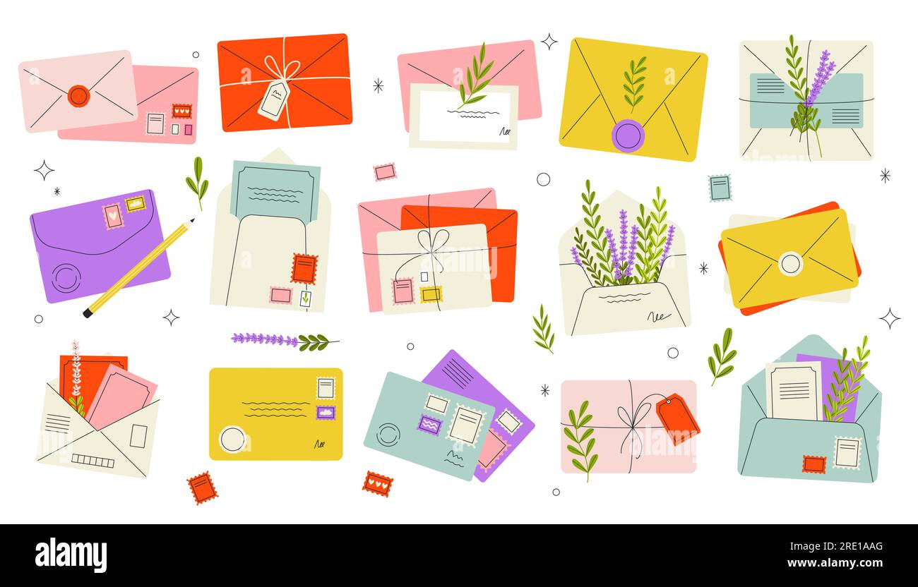 Cartoon envelopes with letters. Open and closed blank postcards with