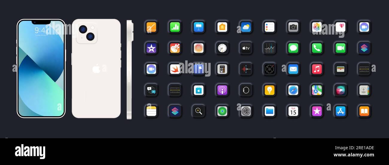 White Iphone 15. Apple mockup. Apple interface. Apple apps. Apple logo button. Calendar, notes, history, main menu. IOS call screen design concept. Ed Stock Vector