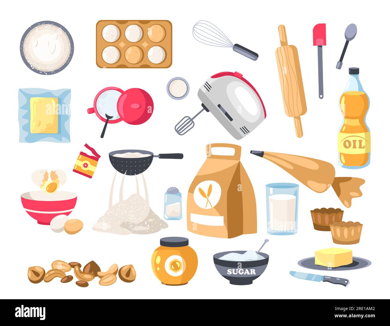 Bakery ingredients. Cartoon flour, sugar and eggs with utensils for baking desserts, flat food packaging design. Vector food set Stock Vector