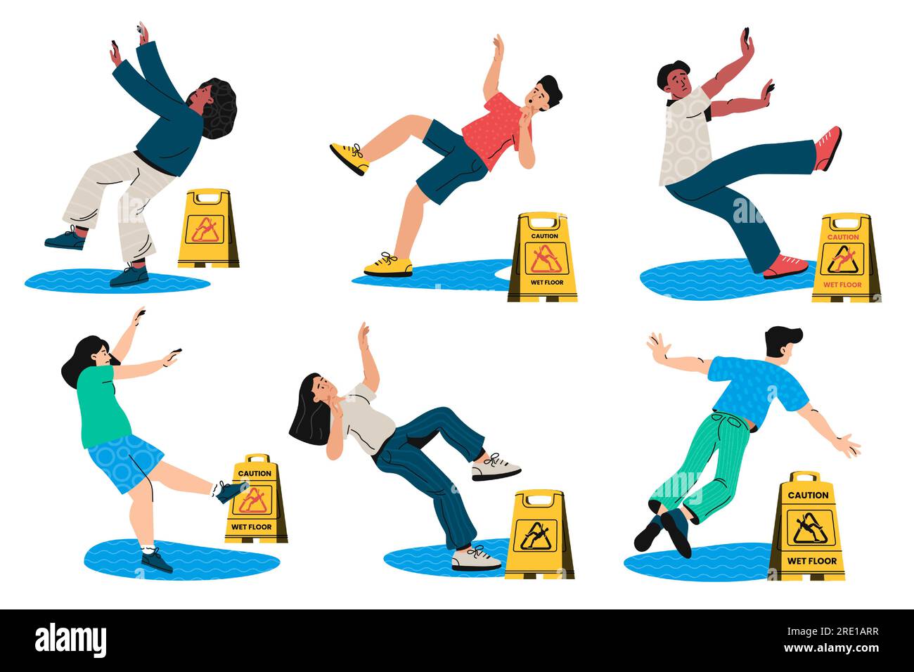 People slip on wet floor. Yellow caution sign, fall down accident