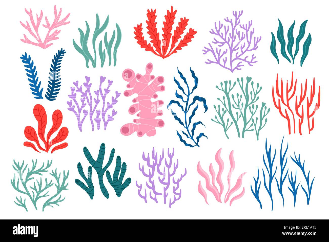 Sea corals. Tropical underwater flora and fauna, colorful coral reef collection of various shapes, exotic marine botany backdrop for sticker design Stock Vector