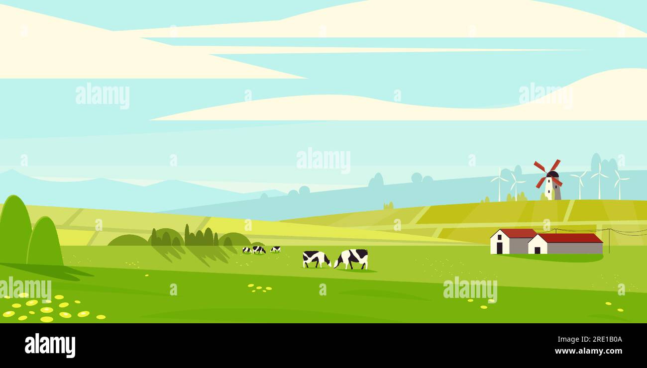 Rural summer landscape. Farm panorama with fields and animals. Horizontal country scenery with meadow and farm buildings. Vector illustration Stock Vector