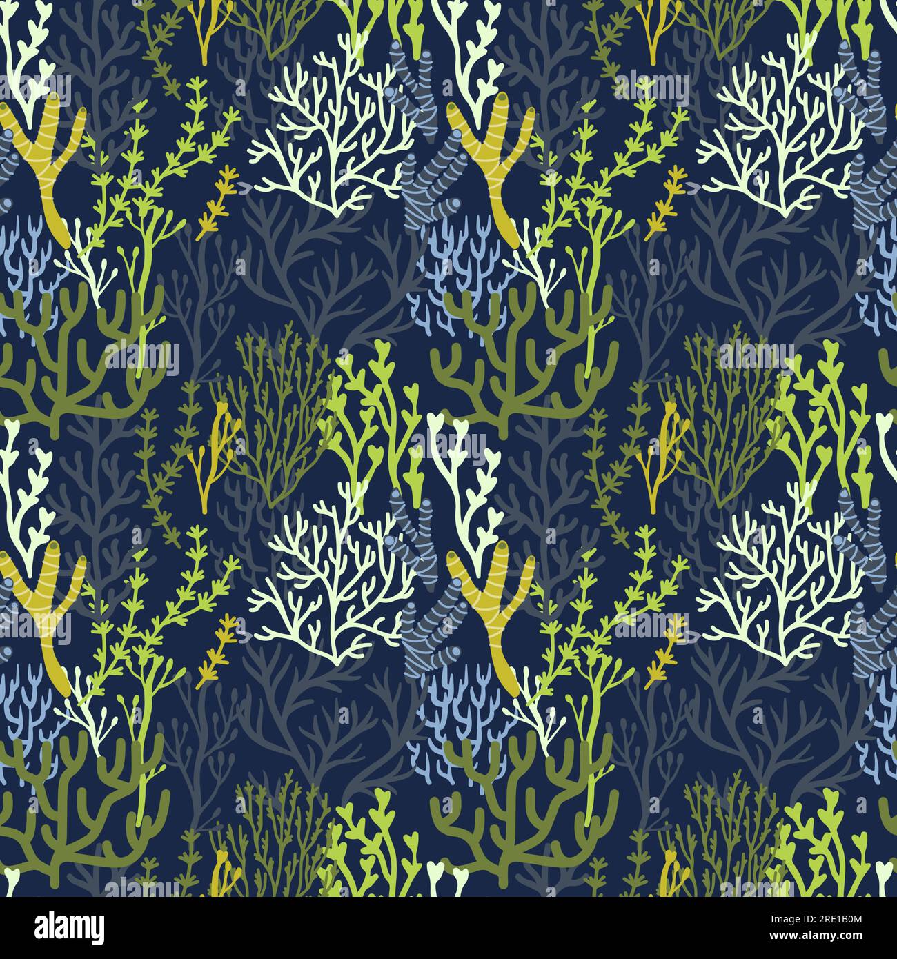 Seaweeds pattern. Seamless print of aquatic plants and nature, wallpaper background with cartoon blue algae, endless marine wrapping paper and textile Stock Vector