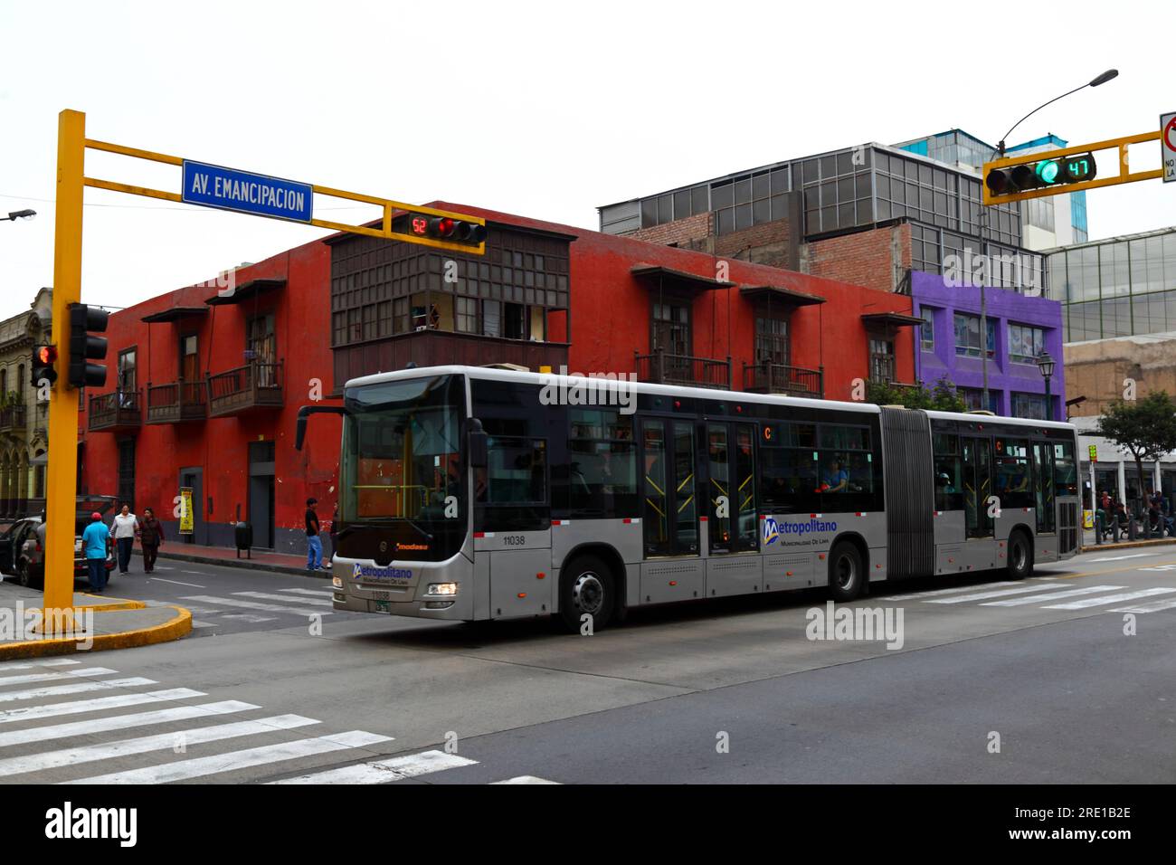 El Metropolitano C Line public bus on Av Emancipación in central Lima, Peru Stock Photo