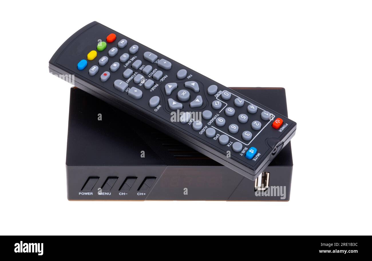 television tuner with remote control isolated on white background Stock