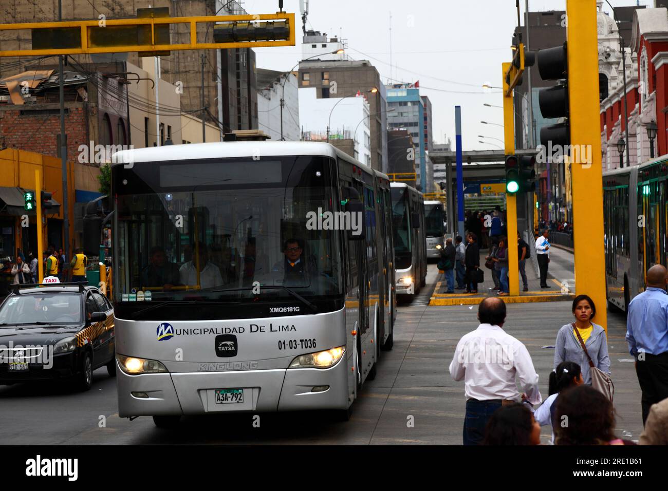 El Metropolitano public buses at Estacion Tacna on Av Emancipación in central Lima, Peru Stock Photo