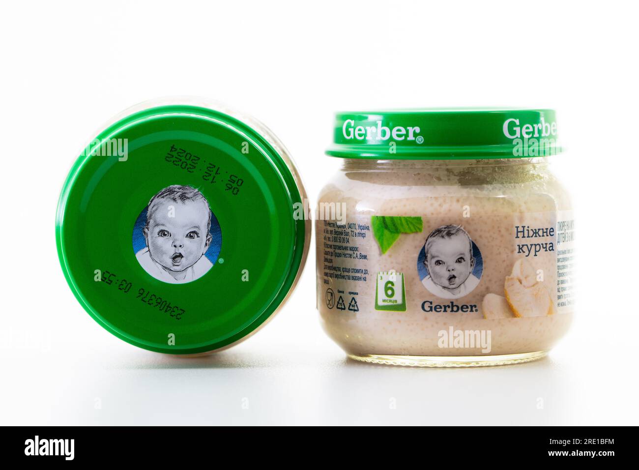 Lviv, Ukraine - March 22, 2020:  Gerber brand child nutrition chicken puree on white background Stock Photo