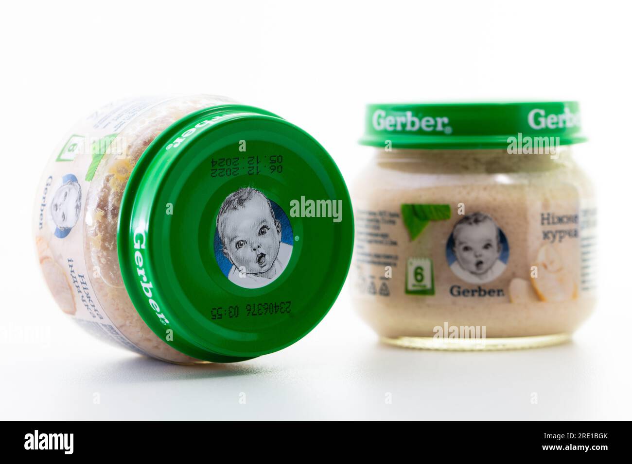 Lviv, Ukraine - March 22, 2020:  Gerber brand child nutrition chicken puree on white background Stock Photo