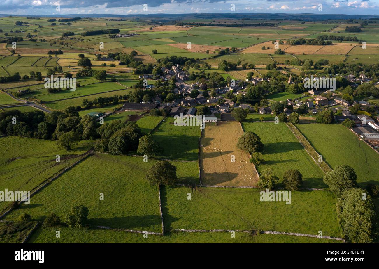 Aerial drone view of Monyash Village in Peak district , Derbyshire, England Stock Photo
