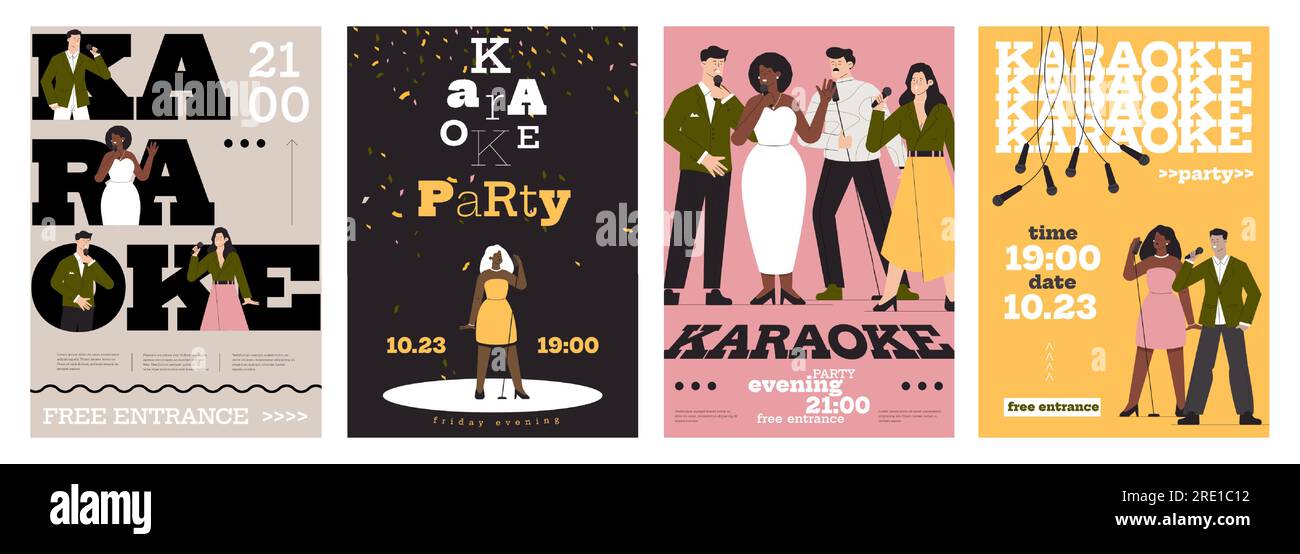 Karaoke posters. Cartoon karaoke banners with singer and microphone, retro pop music concert with singer. Vector karaoke performance set Stock Vector