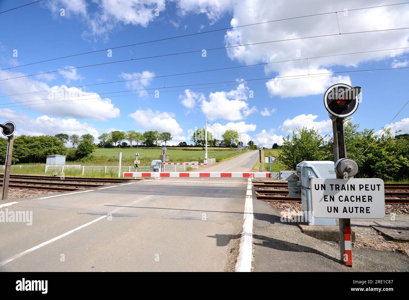 Level crossing on a country road with automatic railway gate Stock