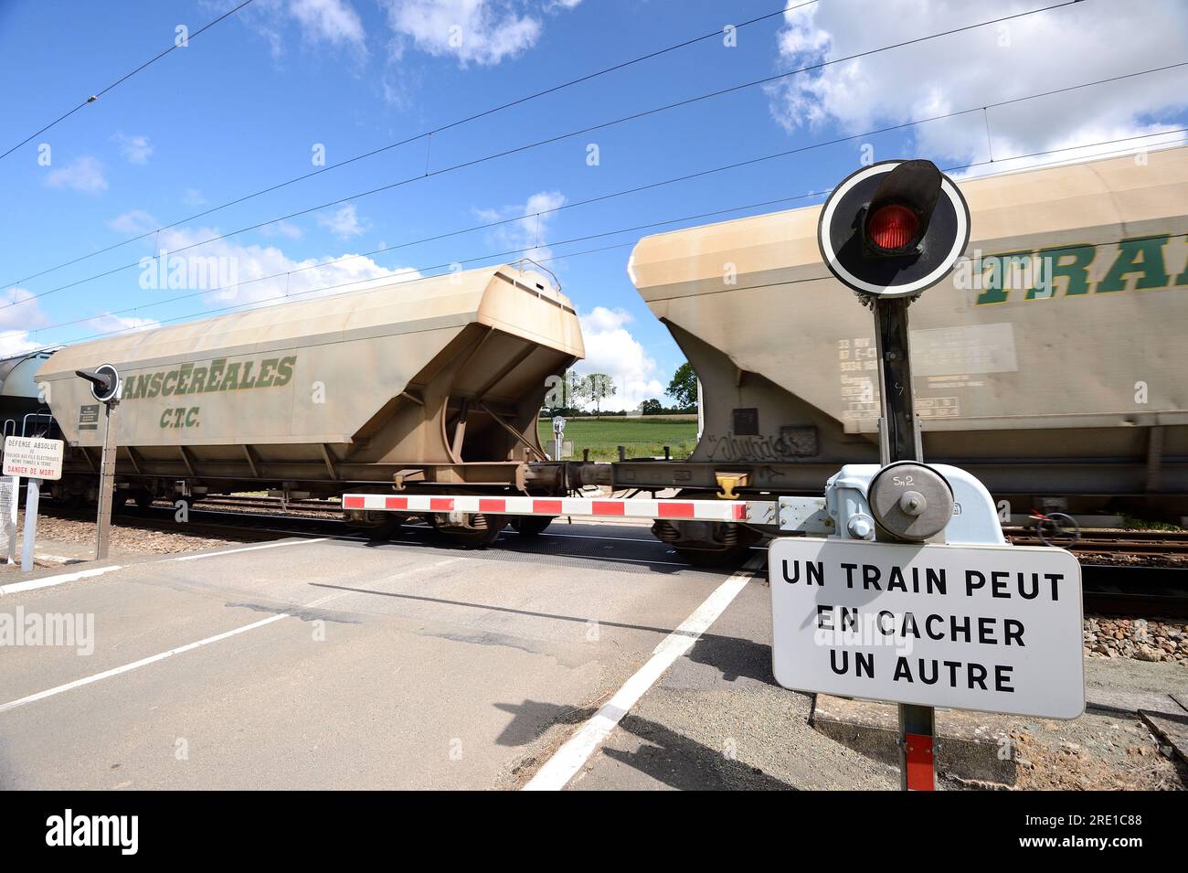 Level crossing on a country road with automatic railway gate. Automatic