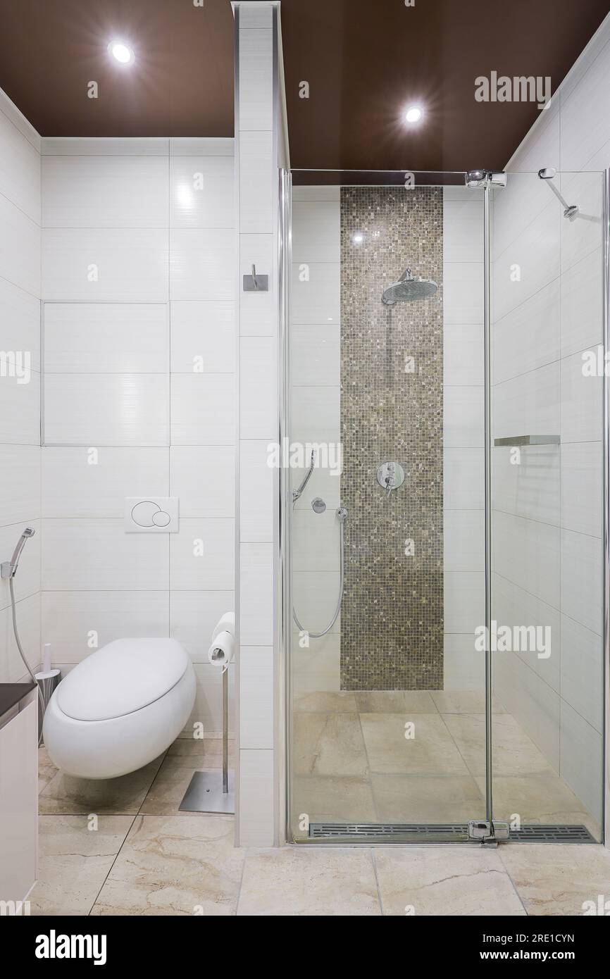 Modern bathroom interior with shower cabin and white toilet bowl Stock ...