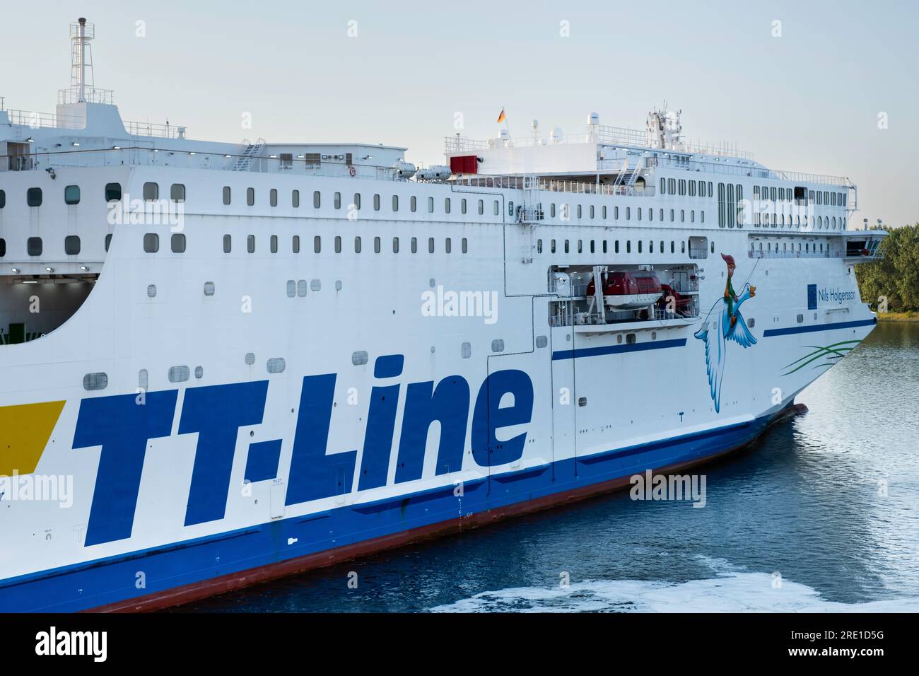 Green ship TT-Line ferry NILS HOLGERSSON, LNG Powered with image of Nils Holgersson on a flying goose Stock Photo