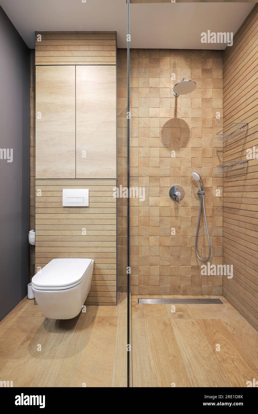 Modern bathroom interior with shower cabin and white toilet bowl Stock