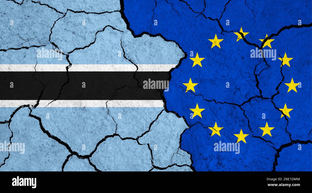 Flags of Botswana and European Union on cracked surface politics