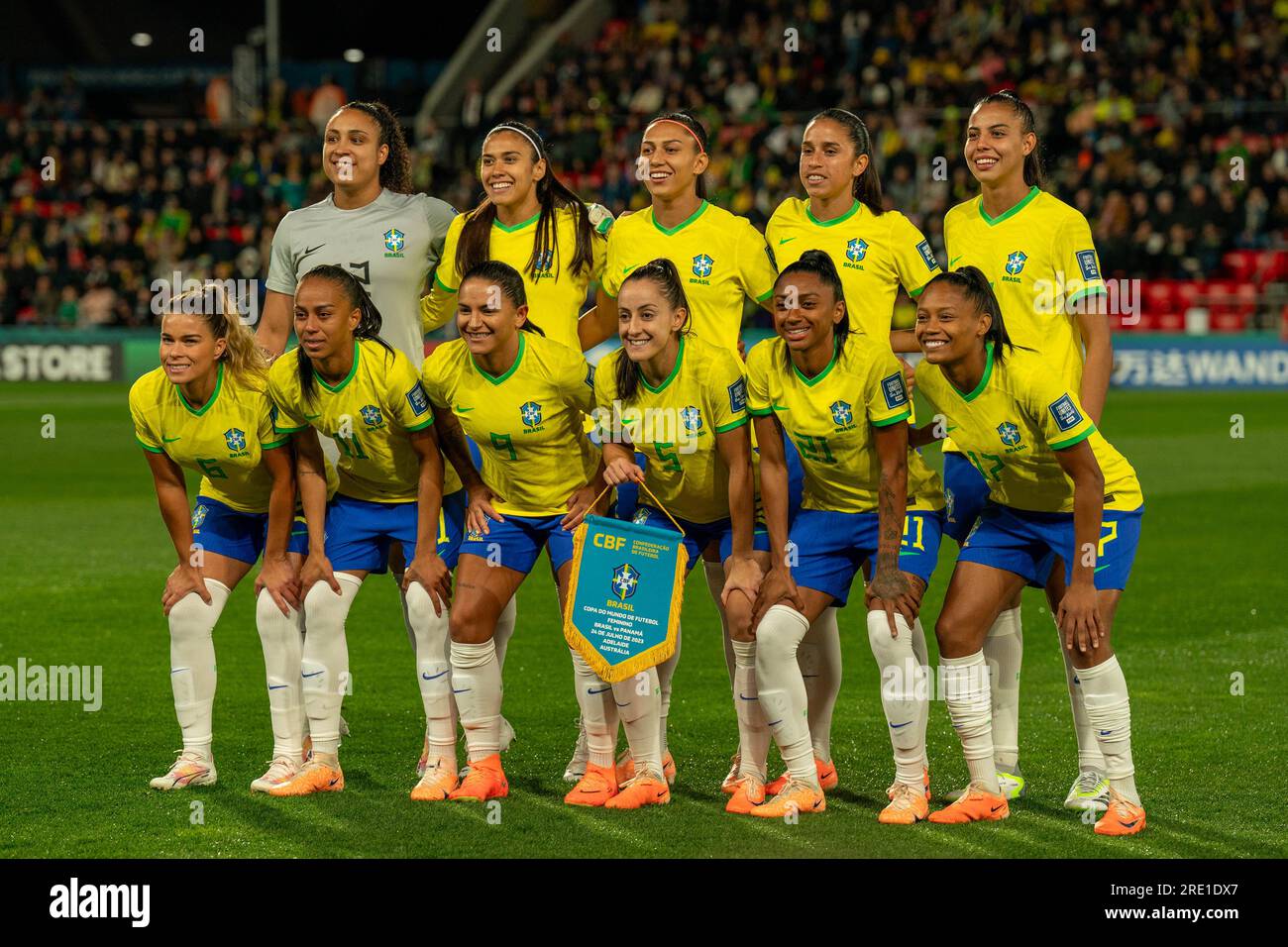 Adelaide, Aus. 24th July, 2023. Adelaide, Australia, July 24th 2023: Players of Brazil pose for the team picture before the 2023 FIFA Womens World Cup Group F football match between Brazil and Panama at Hindmarsh Stadium in Adelaide, Australia. (Noe Llamas/SPP) Credit: SPP Sport Press Photo. /Alamy Live News Stock Photo