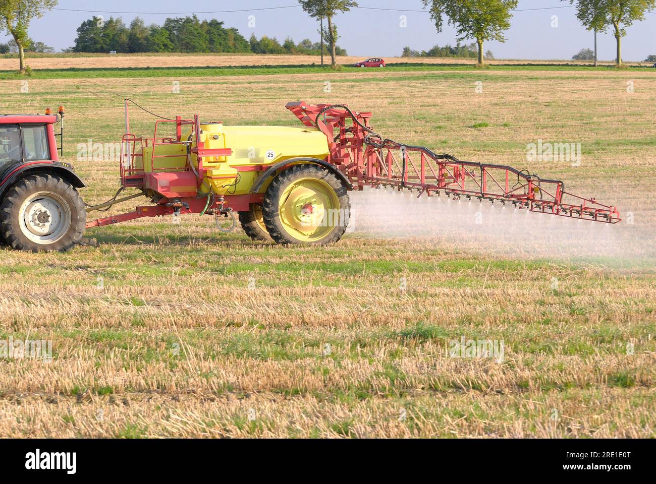 Phytosanitary treatment on an agricultural parcel, weed killer: spraying of Roundup, a glyphosate based herbicide, on wheat stubble to control wheat r Stock Photo